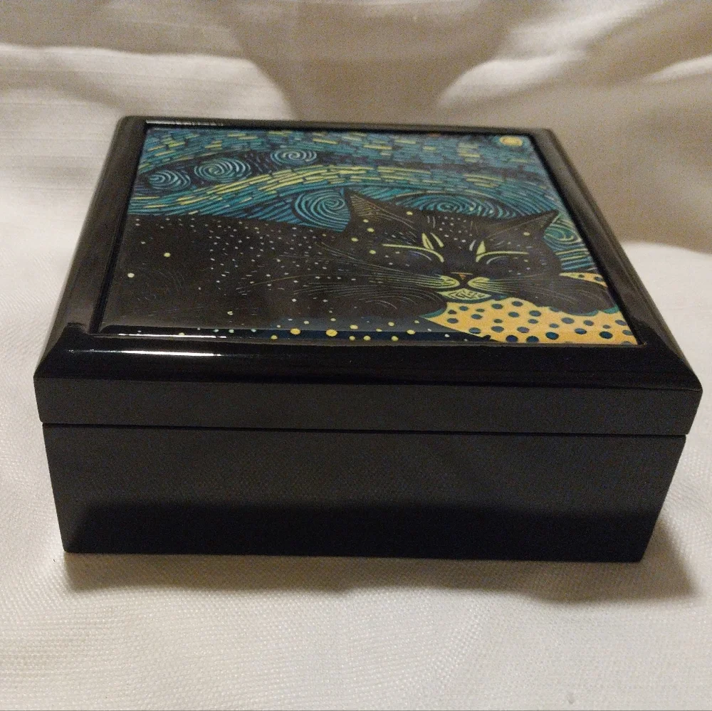 Wood Black Cat Sleeping Under the Stars Starry Night Keepsake/Jewelry Box